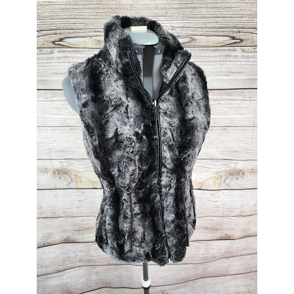 Gallery Faux Fur Reversible Black Gray Sleeveless Vest Jacket Size Small Zip Up